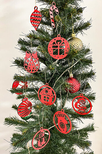Kuzeylina Red Christmas Tree Ornament Set - 10 Pieces, 3mm Mdf