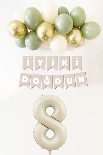 Atölye Mi 8 Years Birthday Mildew Green Sea Sand Gold Balloon Banner Birthday Balloon Set