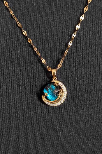 TREND COLLECTİON Kadın Paslanmaz Çelik Gold Zirkon Taşlı Gökyüzü Kolye Ve Taç Yüzük Set