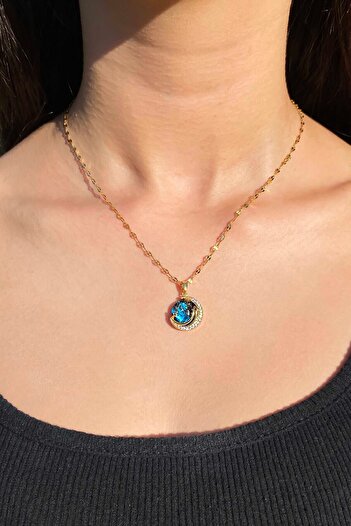 TREND COLLECTİON Kadın Paslanmaz Çelik Gold Zirkon Taşlı Gökyüzü Kolye Ve Taç Yüzük Set