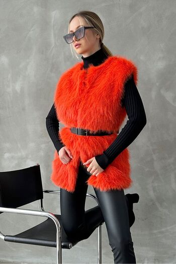 Caddebostan Moda Orange Feather Long Fur Stylish Premium Luxury Trend Special Design Women's Vest