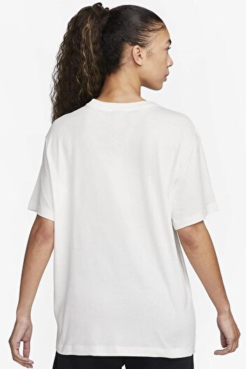 Nike Αθλητικά ρούχα Fleece Boyfriend Κοντό μανίκι Βαμβακερό φαρδύ γυναικείο μπλουζάκι κρεμ