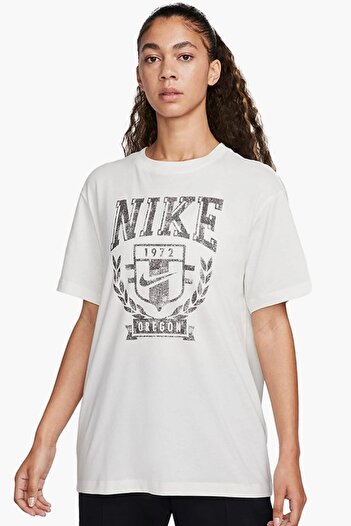 Nike Αθλητικά ρούχα Fleece Boyfriend Κοντό μανίκι Βαμβακερό φαρδύ γυναικείο μπλουζάκι κρεμ