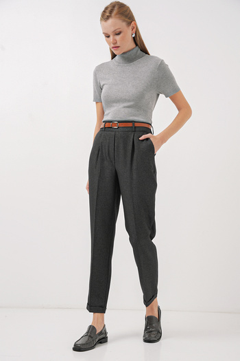 Bigdart 6686 Women's Pleated Belt Fabric Trousers - Smoked