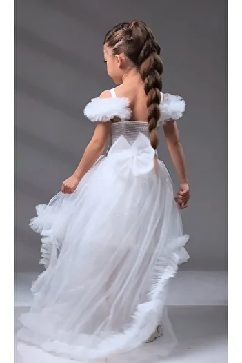 ABİYEKİDS White Children's Evening Dress with Glitter Sequins - with Train, Wedding Party, Aby170