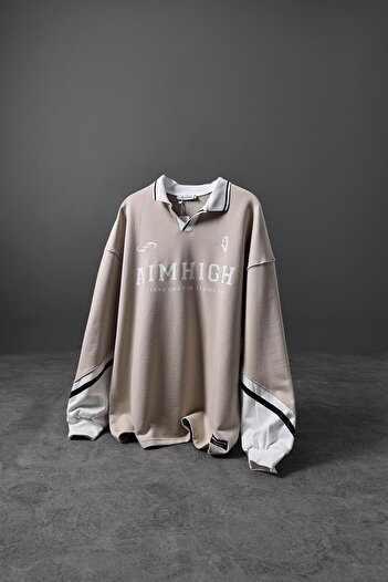 Slatra Ανδρικό φούτερ με μπεζ Aimhigh εμπριμέ Polo Neck Oversize