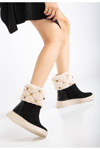Dilimler Ayakkabı Black Suede Fur Troc - Γυναικείες μπότες με ίσιο τακούνι