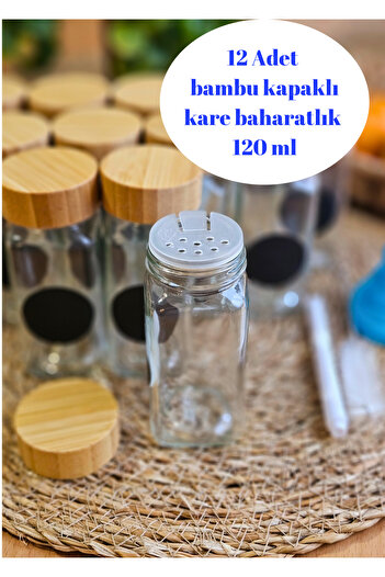 BRE HOME 12Pcs Square Glass Spice Rack with Bamboo Lid with Sprinkle Head with Marker Funnel with Pen with Brush