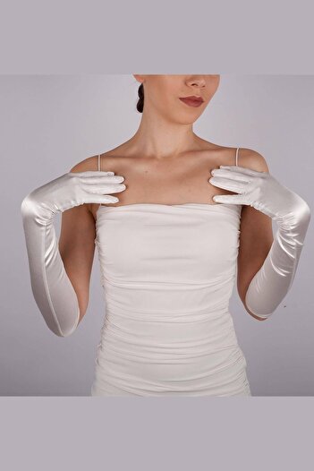 Hobigram Off White Satin Long Bridal Gloves 48 cm Dance Opera Gloves – Party Gloves, Stylish Design – Par