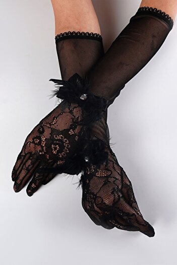 Hobigram Black Long Feather and Lace Detailed Closed Bridal Gloves Costume Gloves – Party Gloves, Stylish Design