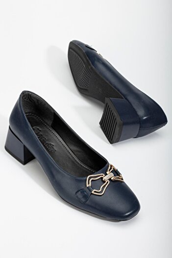 Dilimler Ayakkabı Large Size Skin Stone Accessory Navy Blue Women's Low Heeled Shoes