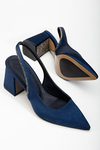 Dilimler Ayakkabı Satin Heel Stoned Navy Blue Large Size Women's Shoes Heeled Evening Dress