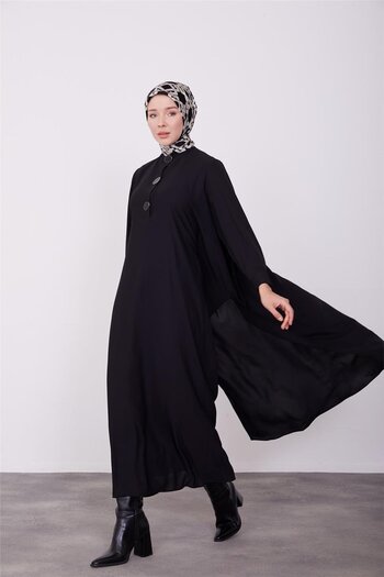 Armine Black Dress with Inner Skirt and Buttons - 23K9706