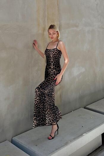Swist Καφέ λουράκι από σχοινί Sandy Leopard Midi Γυναικείο Φόρεμα