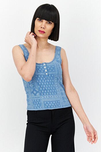LUCKY BRAND Women Scoop Neck Sleeveless Printed Top, Blue