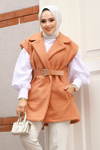 Neva Style Salmon Hijab Vest with Belt Detail 61371Smn