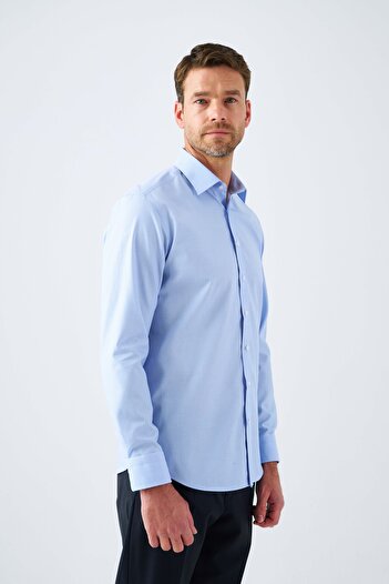 Paşahan Ütü Gerektirmeyen Non Iron %100 Pamuk Klasik Yaka Mavi Çizgili Gömlek