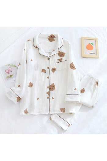 PEMBİŞ HOMEWEAR Bürümcük Shirt Collar White Bear Pajama Set