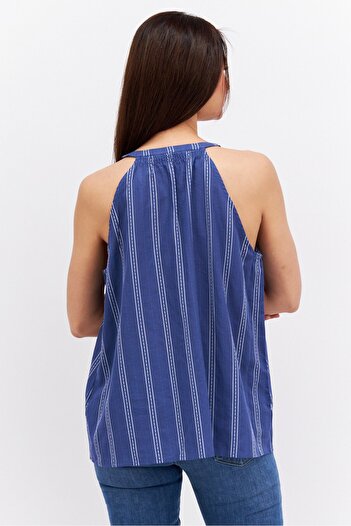 Esprit Women Split Neck Sleeveless Stripe Top, Blue