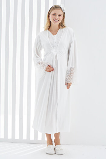 ERDENİZ TEKSTİL Maternity Set with Nightgown and Dressing Gown/Cotton Maternity Set/Short Sleeve Nightgown/Guipure, Bias Collar
