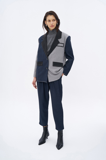 Quzu Navy Blue Matched Blazer - Sewing Detailed Jacket