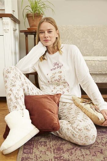 Aydoğan Women's Winter Thermal Pajamas Set - Crew Neck, Long Sleeve, Cream - Aydogan ®   B4-4 - 30013
