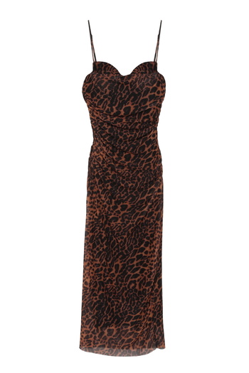 Quzu Thin Straps Leopard Print Draped Long Dress Brown