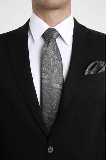 Brianze Gray Shawl Motif Pattern Tie Handkerchief Set