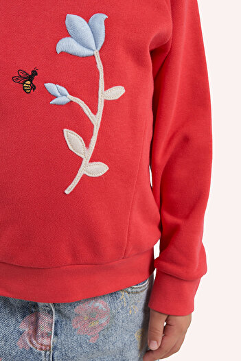 Panço Kız Çocuk Nakış Detaylı Kırmızı Sweatshirt