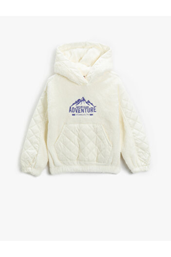 Koton Plush Hooded Sweatshirt Quilted Detailed Kangaroo Pocket Embroidered