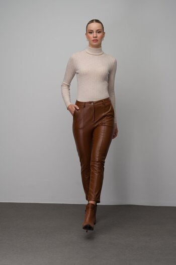 Olcay Skin Look Skinny Fit Trousers with Stitching Detail Taba 7562