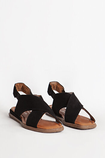 Dericlub Real Leather Zy 7616 - Suede Black Comfort Casual Women's Sandals with Cross Straps