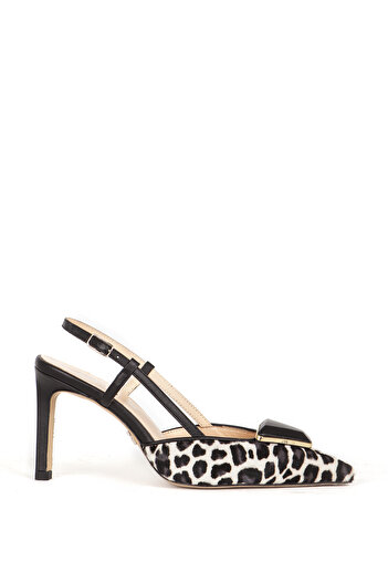 Dericlub LEOPARD Patterned Pointed Toe Buckle Thai Feather Slat Leather Women's Heeled Shoes - SY 27374
