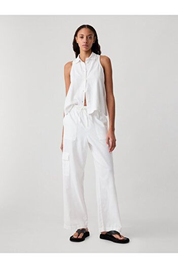 GAP Kadın Beyaz Keten Karışımlı Wide-Leg Kargo Pull-On Pantolon