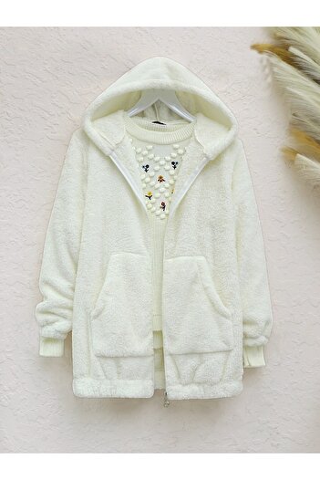 Modamorfo Ecru Hooded and Pocketed Kangaroo Plush Coat