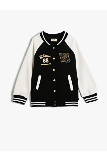 Koton College-Jacke mit Applikation und detailliertem Langarm-Farbblock-Druckknopfverschluss