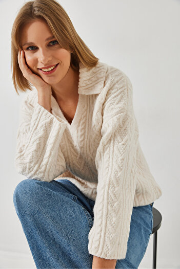 Bianco Lucci Women's V-Neck Hair Knit Patterned Knitwear Sweater 231208 60261037