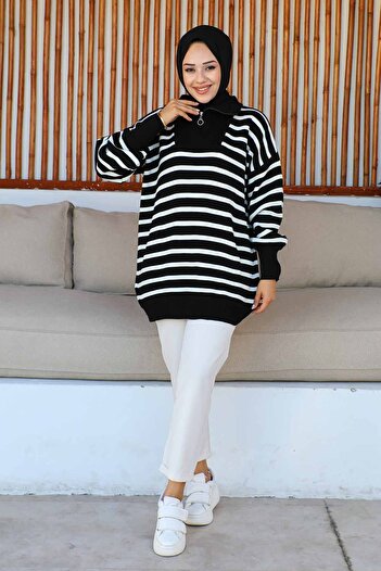 İmajButik Pulover din tricot cu dungi cu guler negru