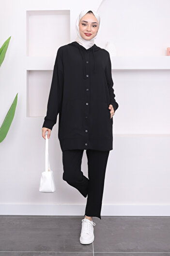 İmajButik Hooded Black Jacket and Trousers Set