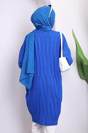 İmajButik Saks Blue Crew Neck Mercerized Casual Knitwear Tunic