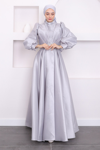 İmajButik Βραδινό φόρεμα με γκρι ντραπέ μανίκι με μπαλόνι