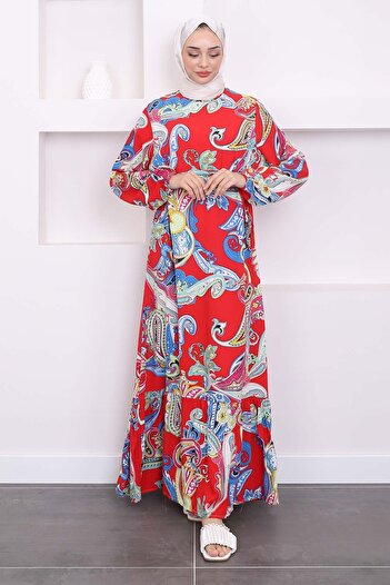 İmajButik Red Patterned Viscose Dress with Layered Skirt
