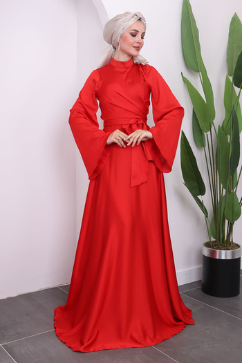 İmajButik Satin Red Evening Dress with Front Tie and Sleeve Flywheel