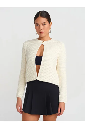 Dilvin 60298 Crew Neck Buttoned Knitwear Cardigan-Ecru