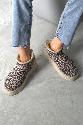 Beyond Μπεζ Leopard Print Ultra Mini Suede Boots - Ψηλή σόλα, Γούνινη Εσωτερική Επιφάνεια, 4,5cm BYNDUM02