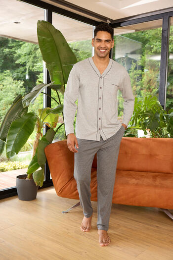 KLY Men's V-Neck Buttoned Pajama Set Comfortable Sleepwear