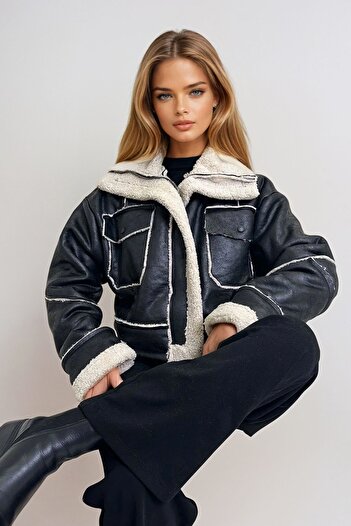 VAGGON Women's Black Double Pocket Sheepskin Zipper Closure Jacket Prm1347