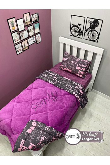 Çetinhome Single Reversible Welsoft Quilt with Pillow Case Soft Surface 155x215cm Purple Love