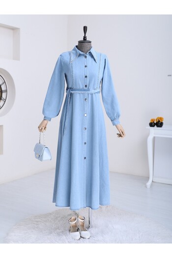 Modamorfo Τζιν φόρεμα Ice Blue Stone Embroidered - με κουμπιά και ζώνη