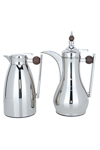 Alsaif Gallery Alaa Nickel Thermos Set With A Dark Wooden Handle, Two Pieces